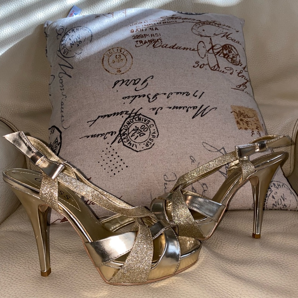 Guess Gold Heels US Size 7.5 womens with sparkly strap